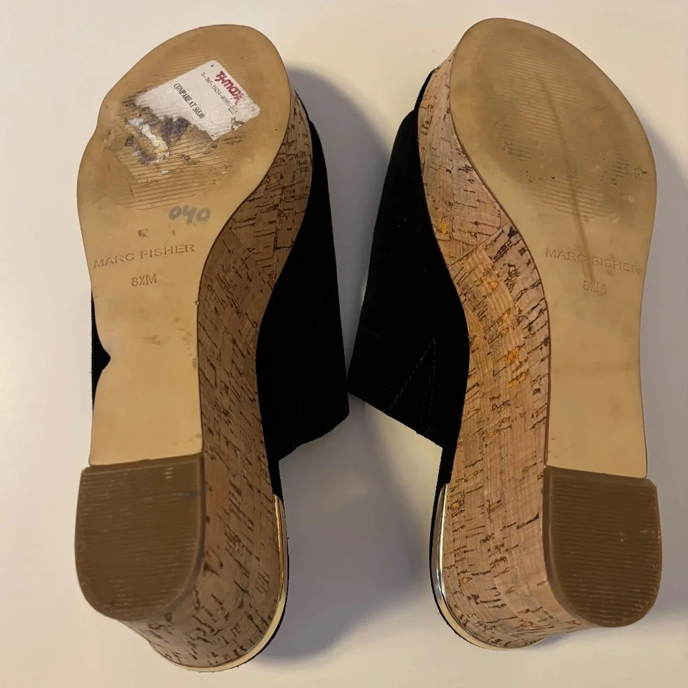Marc Fisher Suede Leather Chunky Cork Platform Wedge Heel Sandals Black US 8.5